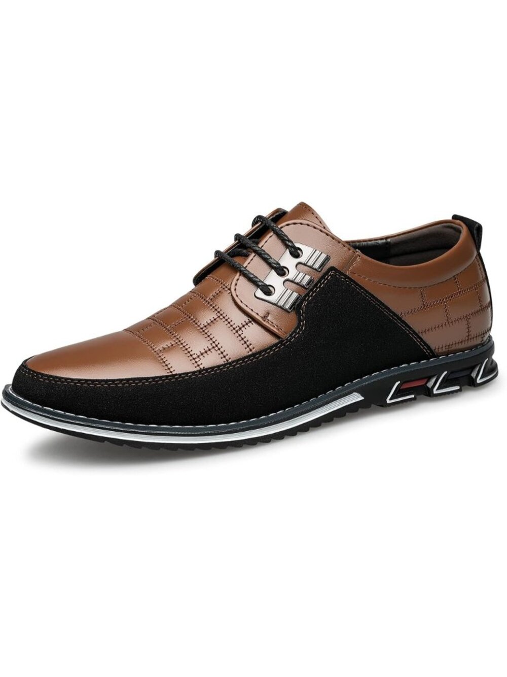 Men's Brown Plaid Embossed Grid Leather Comfortable Hybrid Oxford Dress Sneakers